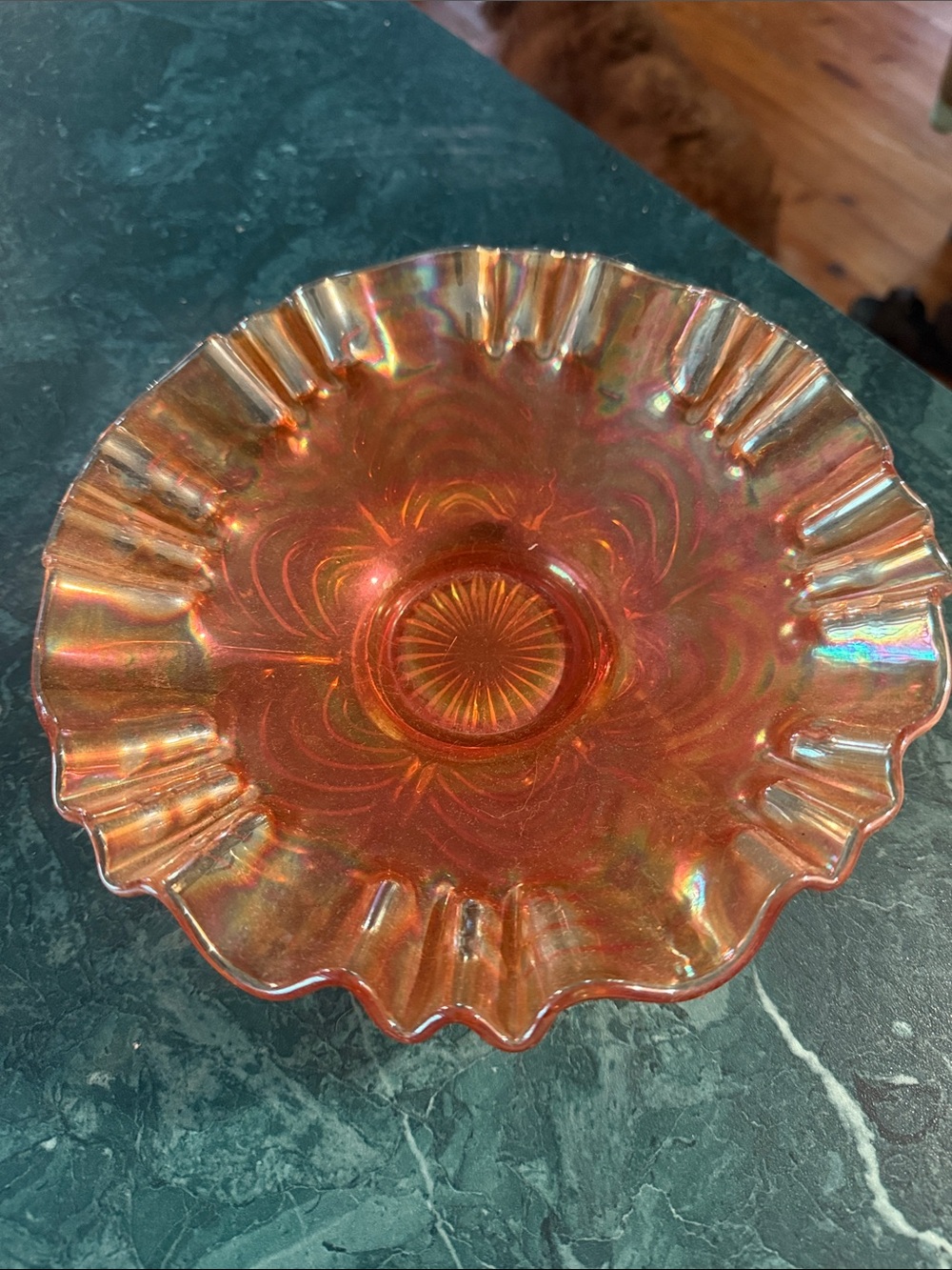 Iridescent Orange Ruffled Glass Centerpiece Bowl